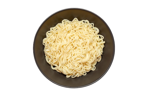 Noodles instant cooked in dark deep bowl top view isolated on white background with clipping path