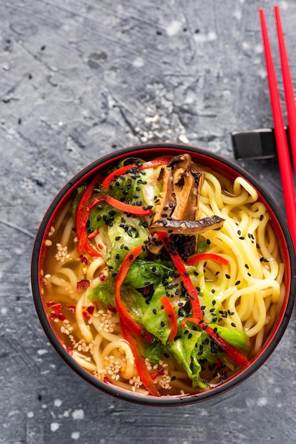 Noodles and Ramen with Fresh Algae and Mushrooms in Bowl