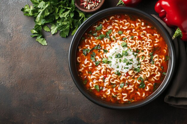 Photo noodles soup in tomato sauce with herbs