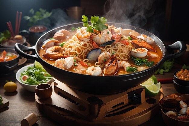 noodles spicy boil with seafood shrimp vegetable food and pork in hot pot