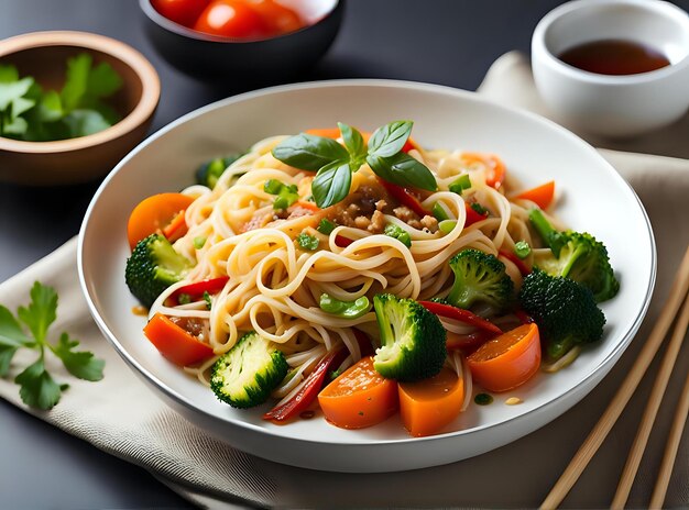 Photo noodles and stirfried vegetables on a plate