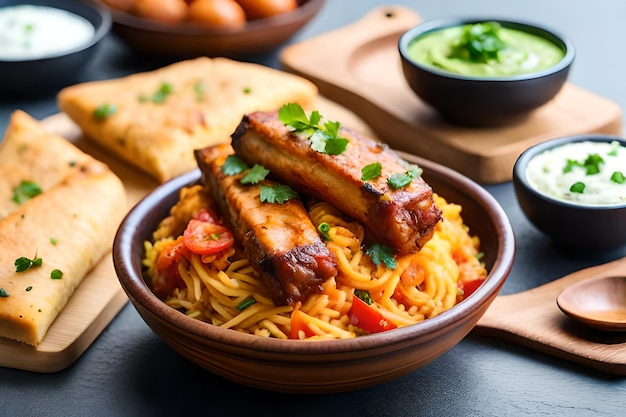 Noodles with Beef tomatoes cheese and herbs in a bowl Ai generative