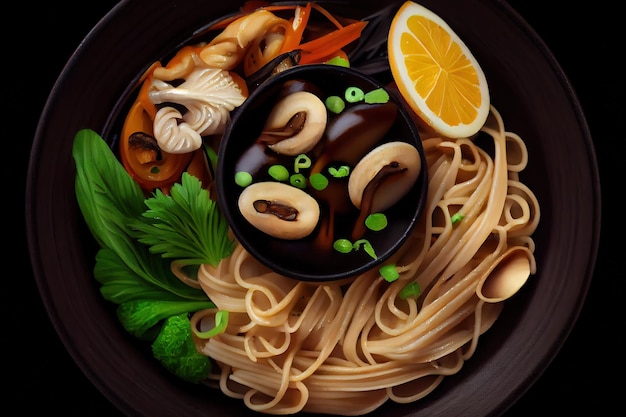 Noodles with eringi mushrooms in a black plate Generative Ai