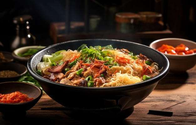 Noodles with steam and smoke in a bowl Asian meal on a table