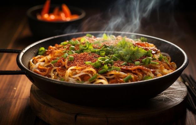 Noodles with steam and smoke in a bowl Asian meal on a table