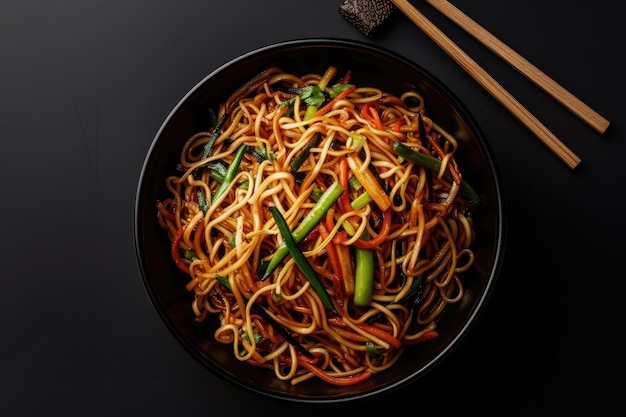 Noodles with vegetables in a black bowl chopsticks and a coaster