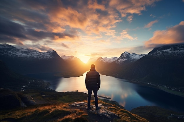 Nordic Mountain Reverie A Person in Fjordland