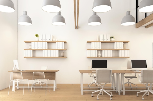 Nordic office room with hanging lamp and wood desk white wall and wood floor 3d rendering