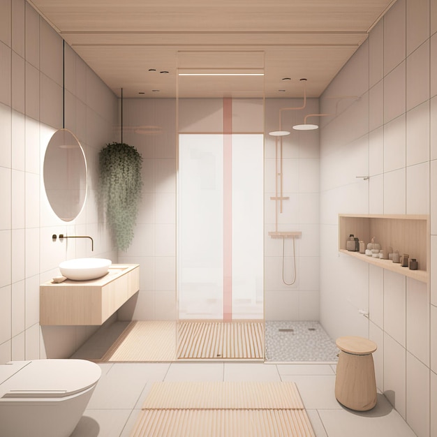 Nordic scandinavian and minimalist style bathroom interior with wooden details generative ai