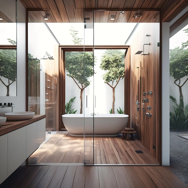 Nordic scandinavian and minimalist style bathroom interior with wooden details generative ai