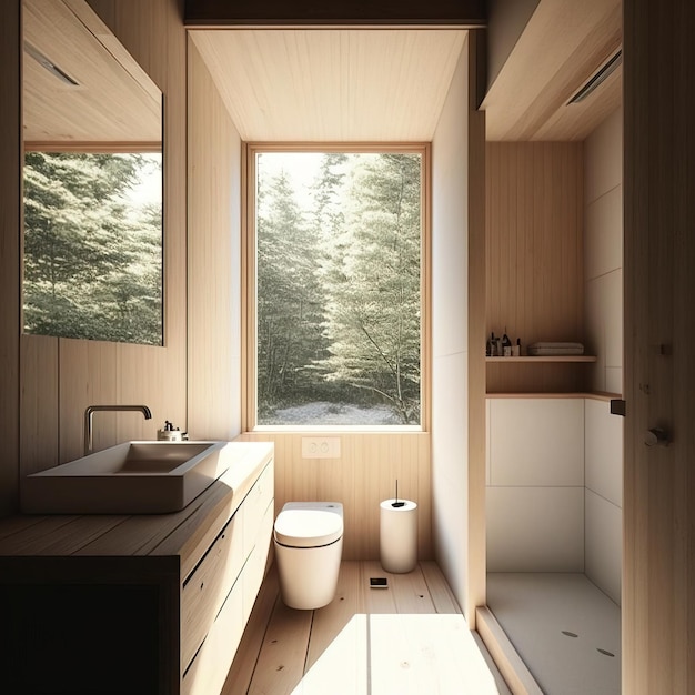 Nordic scandinavian and minimalist style bathroom interior with wooden details generative ai