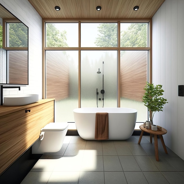 Nordic scandinavian and minimalist style bathroom interior with wooden details generative ai