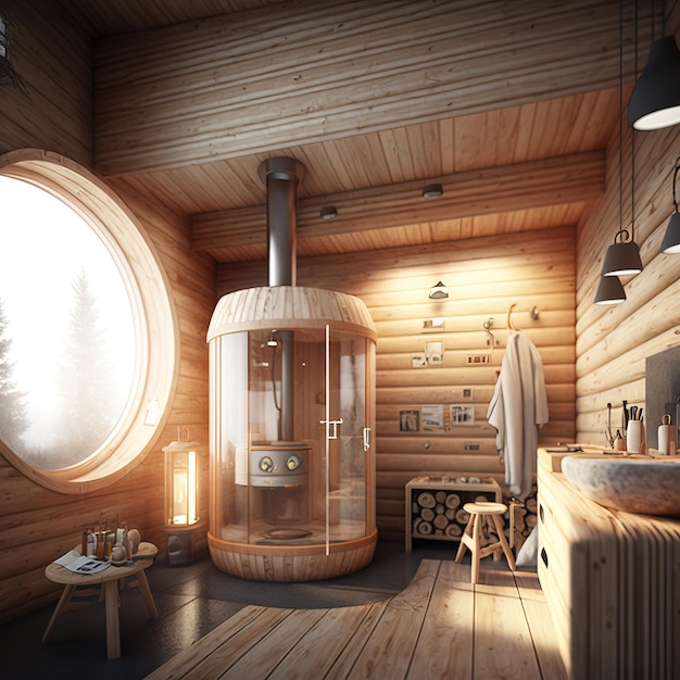 Nordic scandinavian and minimalist style bathroom interior with wooden details generative ai