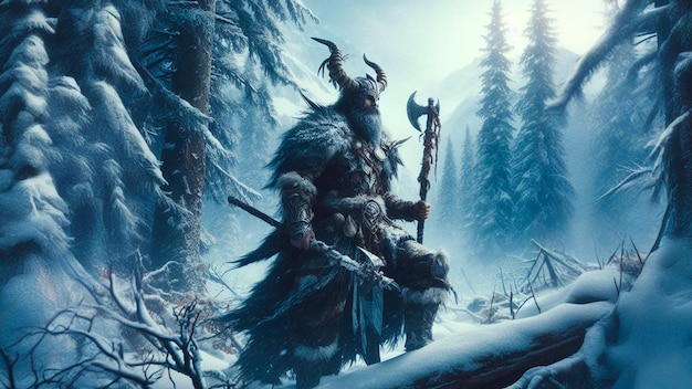 Nordic Shaman with Staff in Blizzard Horned Helmet Enchanted Wilderness