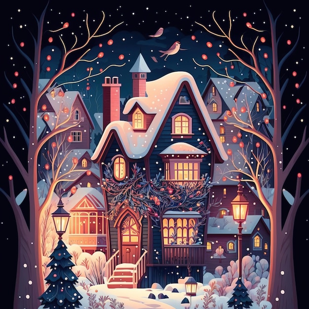 Nordic winter landscape with cute houses Christmas illustration for children and fairy tales gene