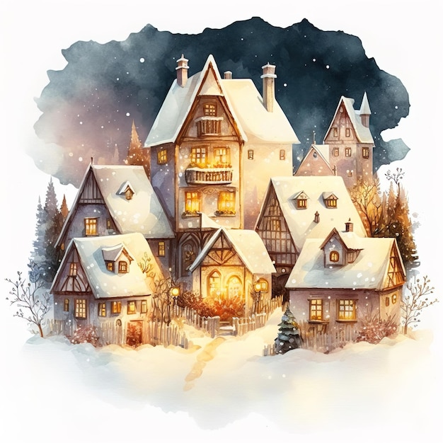 Nordic winter landscape with cute houses Christmas illustration for children and fairy tales gene