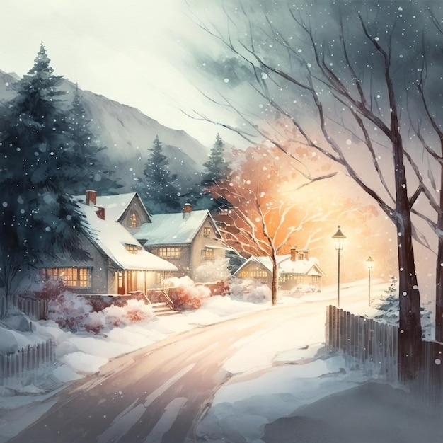 Nordic winter landscape with cute houses Christmas illustration for children and fairy tales gene