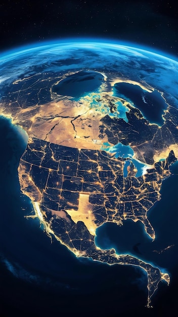 North America at night viewed from space with city lights showing human activity in United States