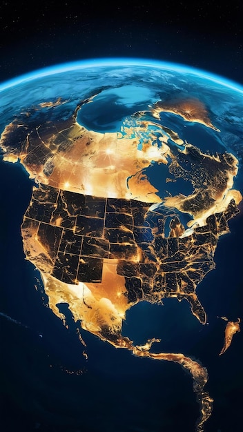 North America at night viewed from space with city lights showing human activity in United States