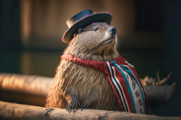 North American beaver wearing national Canadian dress Generative AI