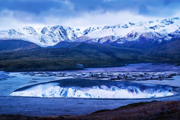 North Chuysky Range and Lake Dzhangyskol at sunrise. Russia, Altai Republic, Yeshtykol tract