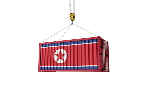 North korea flag cargo trade container hanging from a crane d render