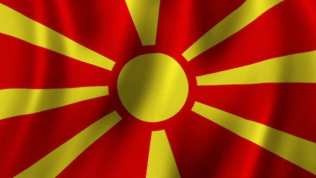 North Macedonia Flag Waving Closeup 3D Rendering With HighQuality Image with Fabric Texture