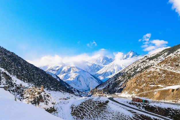 North Ossetia is mountainous in winter. Snowy mountain landscape. panorama of the winter landscape. resort area. rocks panoramic view.