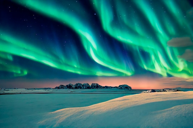 Northen light under mountains and ocean Beautiful landscape in Norway Island