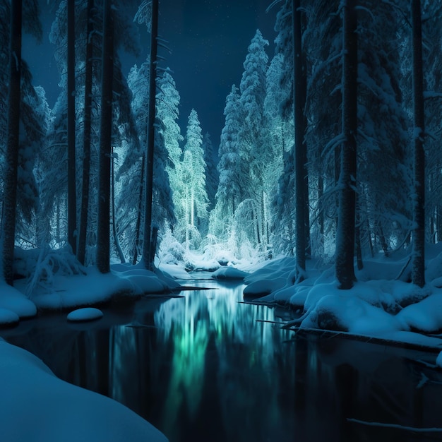 Northern dark forest in winter illuminated by polar lights aurora borealis AI generative landscape