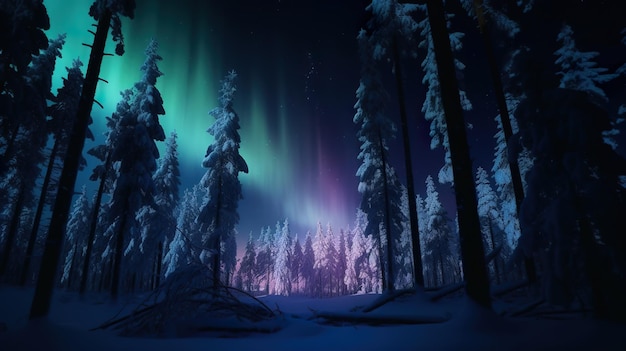 Northern dark forest in winter illuminated by polar lights aurora borealis generative ai