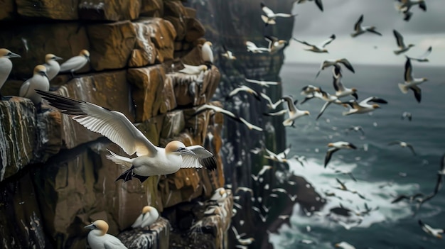 Northern gannets nesting on rugged cliffs chaotic and lively