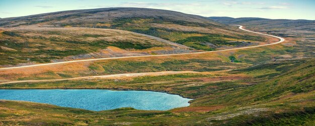 Northern landscape Lake in a mountain valley Beautiful harsh nature of Norway Mageroya island Horizontal banner