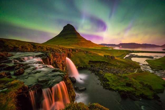 Northern light over Kirkjufell mountain in iceland