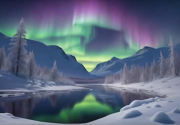 Northern Lights against the backdrop of mountainous snowcovered wilderness