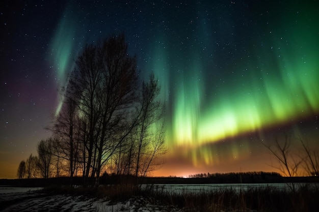 The northern lights are lit up in the sky.