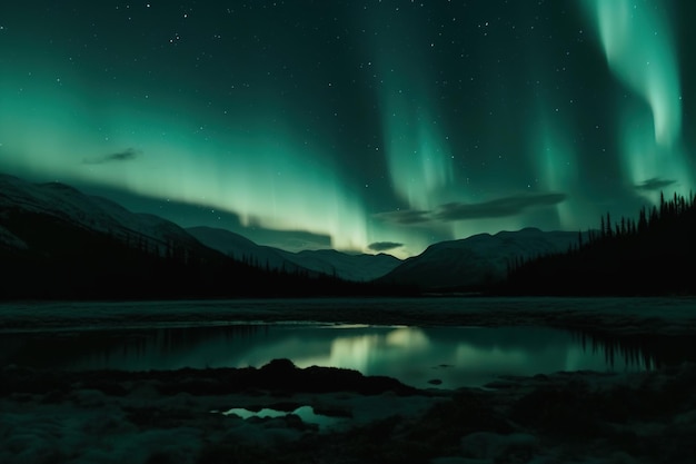 The northern lights are visible over a lake.