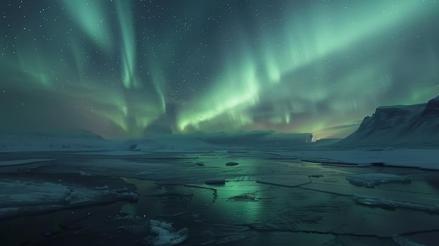 Northern lights dancing over a frozen lake in Iceland