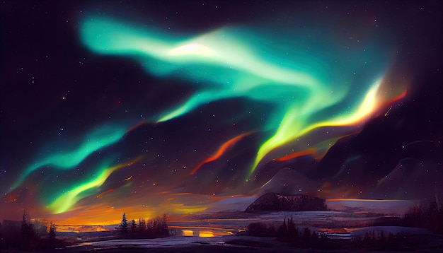 Northern lights over the forest Abstract illustration art