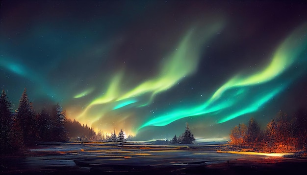 Northern lights over the forest Abstract illustration art