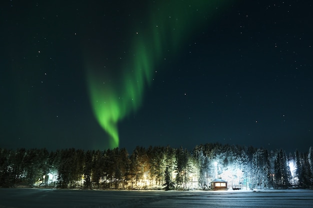 northern lights over the forest and house