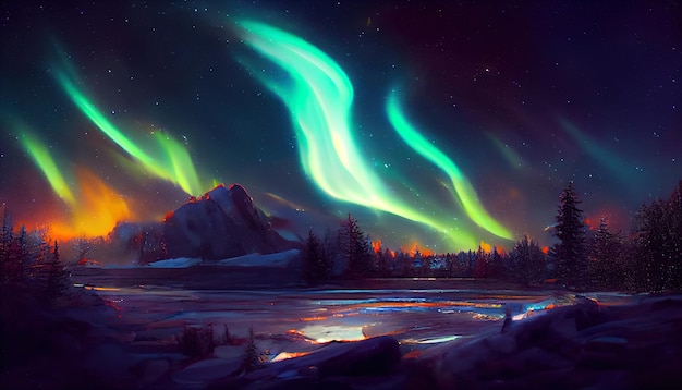 Northern lights over the forest and snowy mountains Abstract illustration art