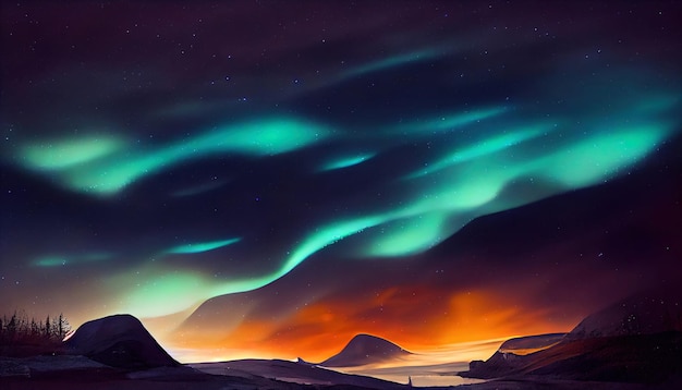 Northern lights over the forest and snowy mountains Abstract illustration art