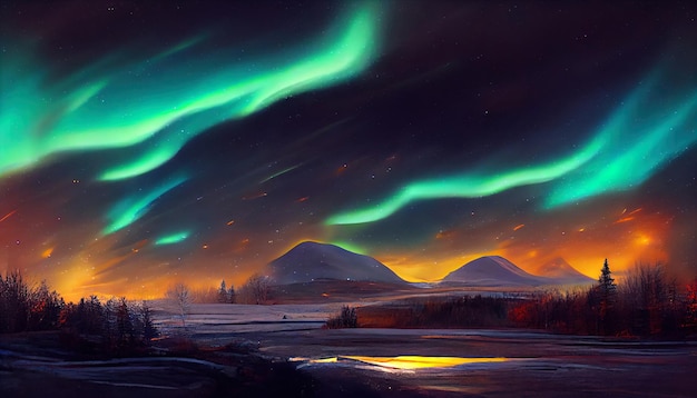 Northern lights over the forest and snowy mountains Abstract illustration art