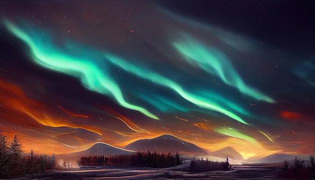 Northern lights over the forest and snowy mountains Abstract illustration art