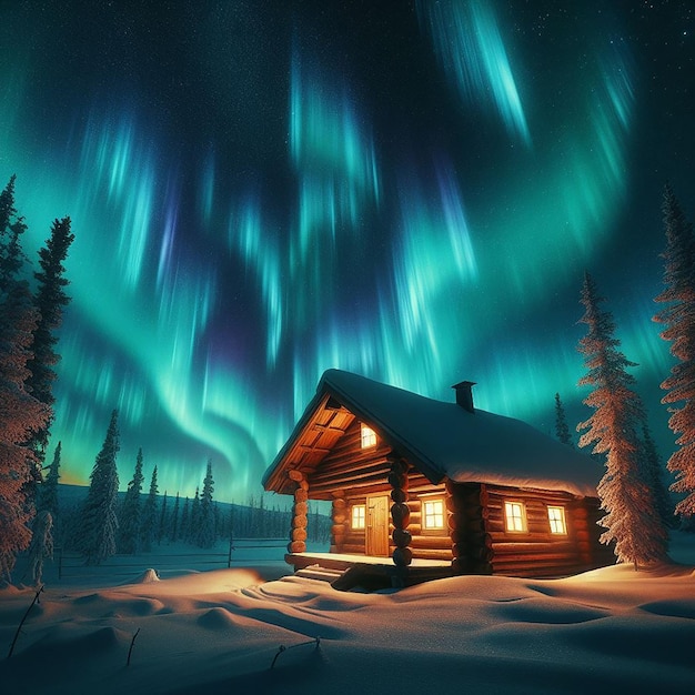 Northern Lights over Log Cabin