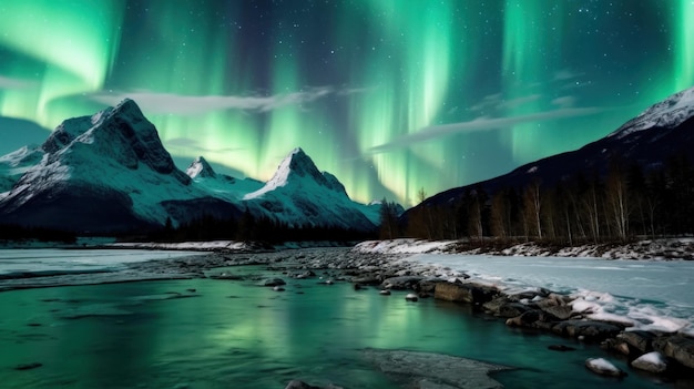 Northern Lights Above Mountains Illustration AI GenerativexA