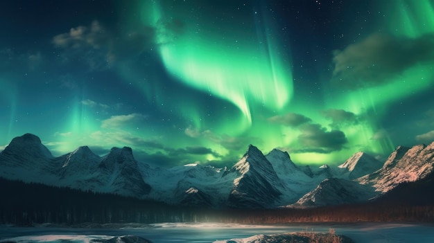 Northern Lights Above Mountains Illustration AI GenerativexA