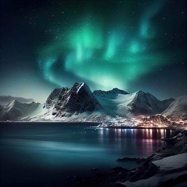 Northern lights over the sea snowy mountains and city Generative Ai