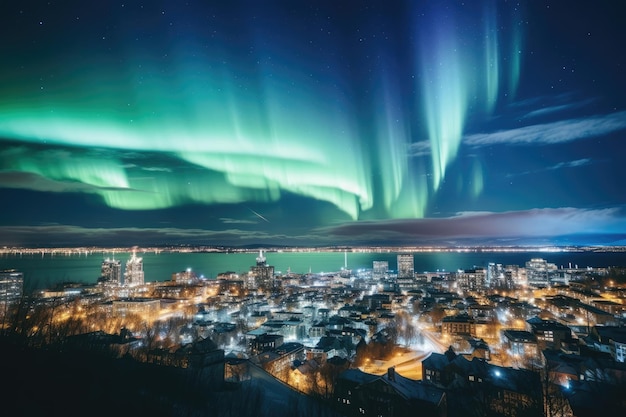 Northern lights shining over city adding airy magic to urban atmosphere